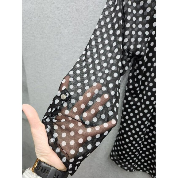 Zoey & Leela Black & White Polka Dot Sheer Blouse With Button Details 3/4 Sleeve - Picture 2 of 5